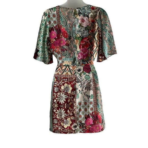Zara Wrap Dress Patchwork Paisley Floral Aztec Tan Green Blue Zipper Back Small - Picture 2 of 11